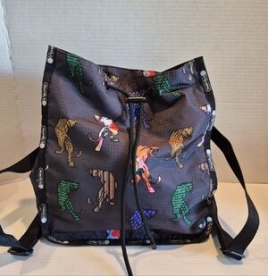 LeSportsac Nadine Drawstring Backpack "Meow" wild cat print